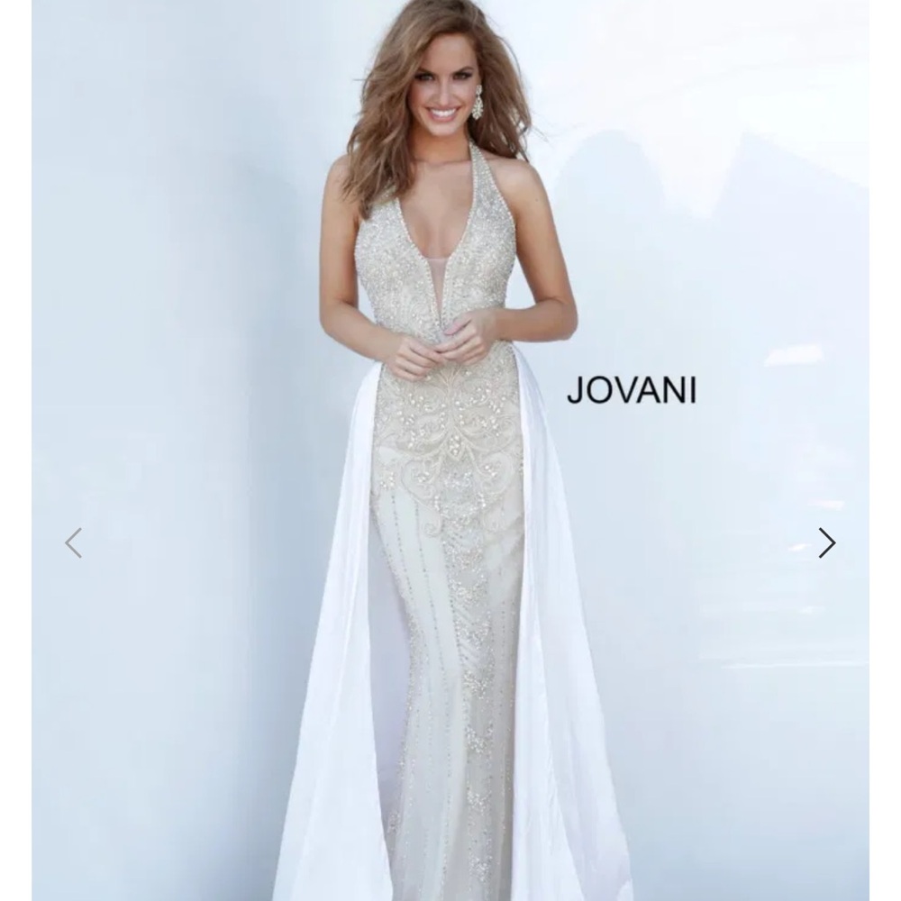 Jovani Ivory and Silver Halter Gown
